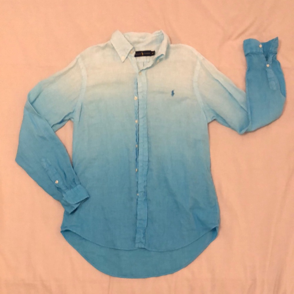 100% Linen Ombré Blue Ralph Lauren Men’s Button Down Polo Shirt